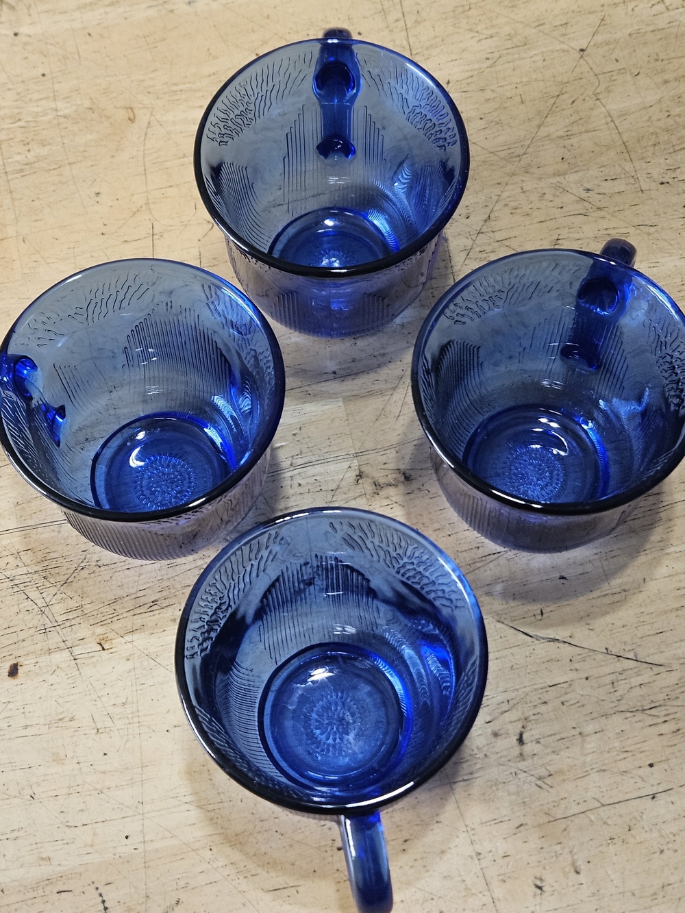 Vintage Forte Crisa Cobalt Blue Sunflower Patterned Glass Mugs